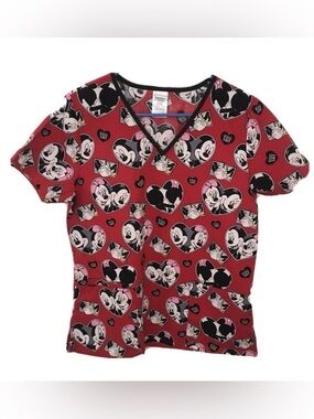 Disney Mickey & Minnie Mouse Heart Scrub Top XS Red Kiss XOXO V-Neck